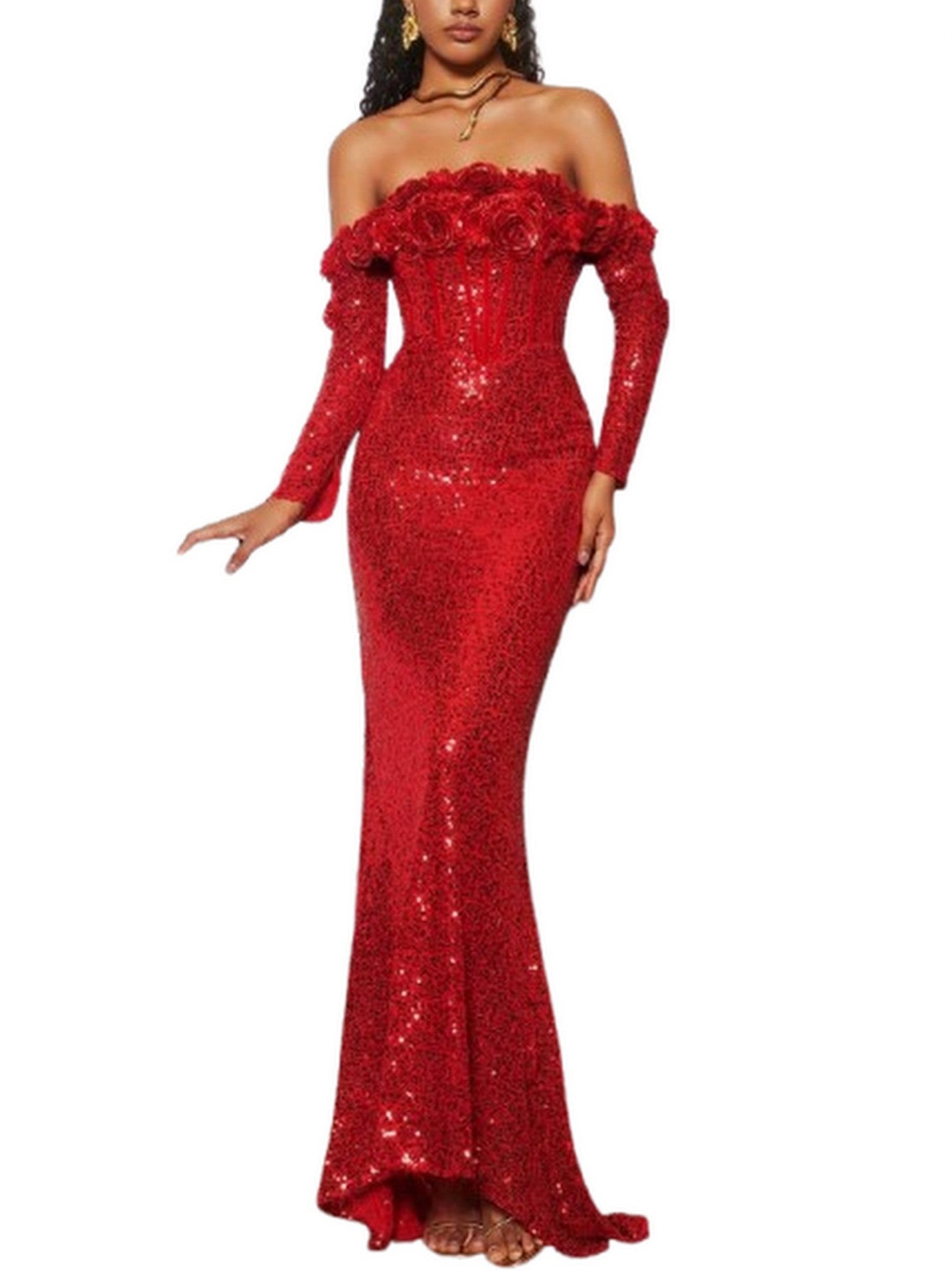 Floral Appliques Red Sequin-Embellished Off-Shoulder Gown - Dresses
