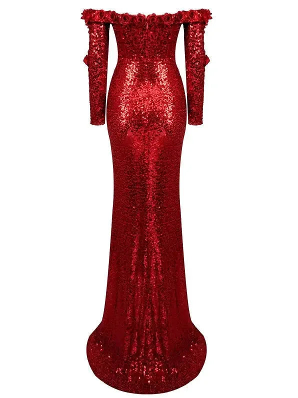 Floral Appliques Red Sequin-Embellished Off-Shoulder Gown - Dresses