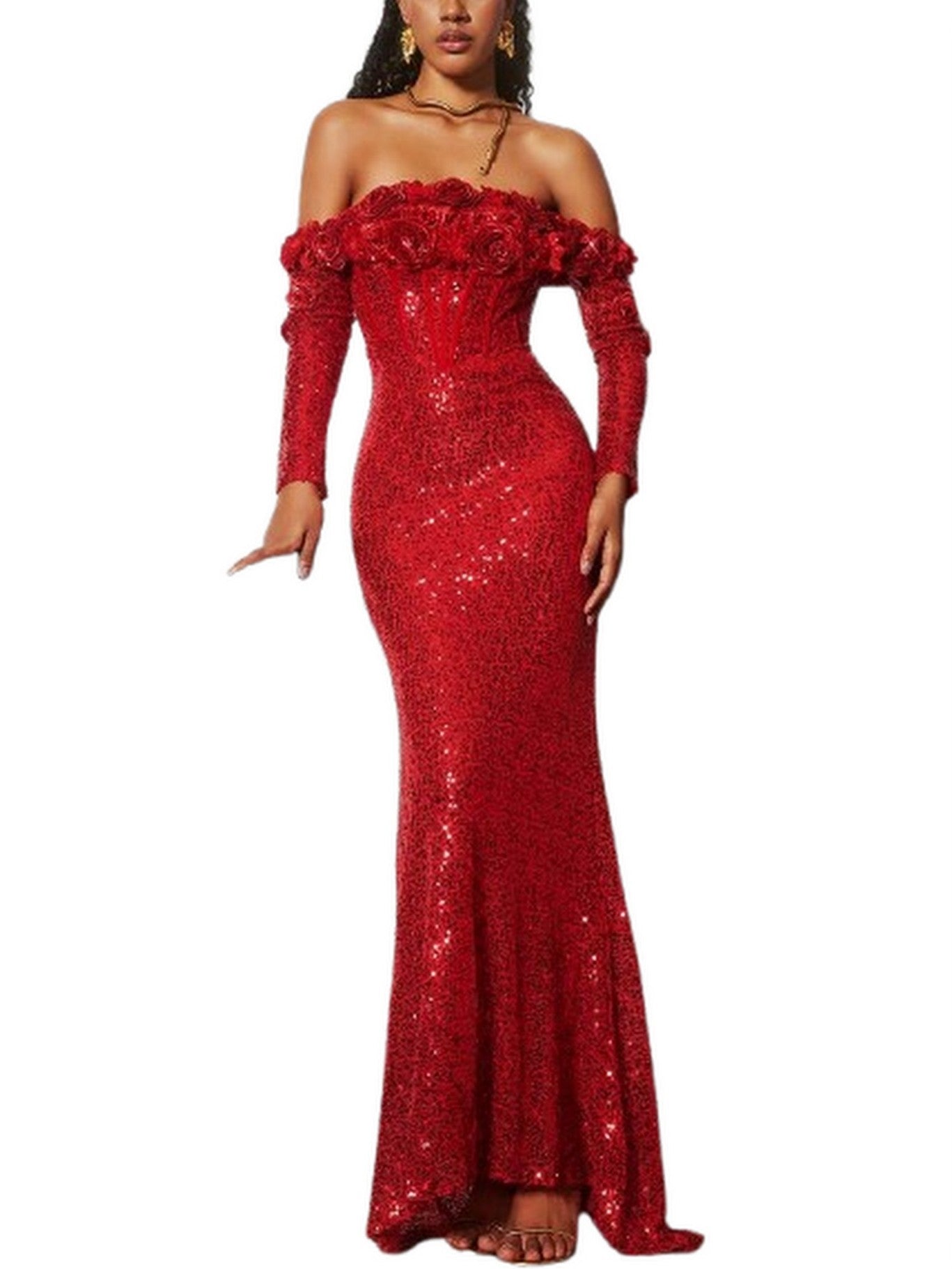 Floral Appliques Red Sequin-Embellished Off-Shoulder Gown - Dresses