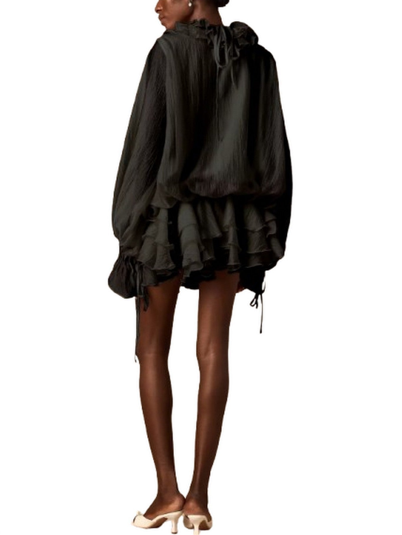 Floral Appliques Ruffled Black Blouson Mini Dress - Dresses