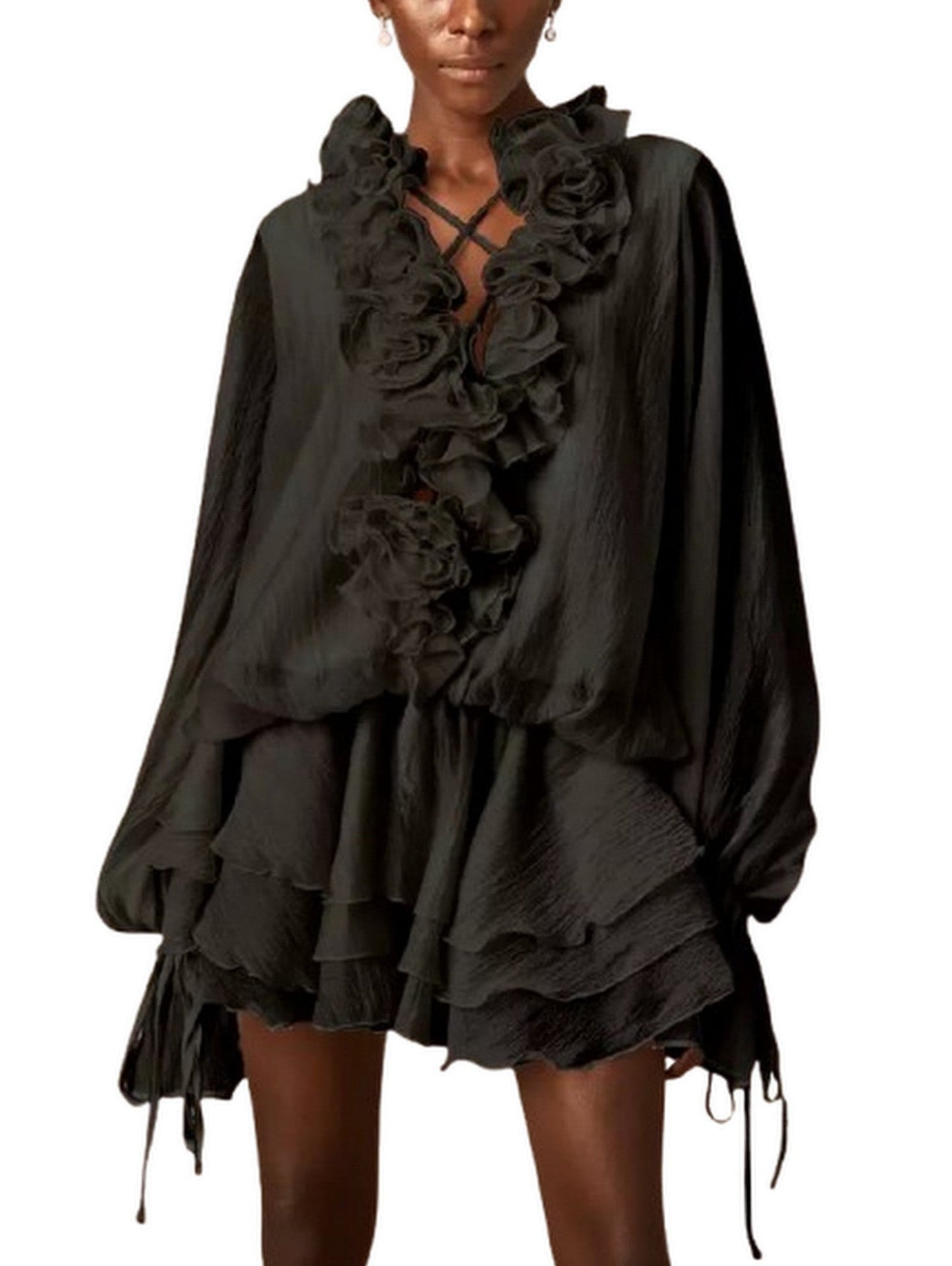 Floral Appliques Ruffled Black Blouson Mini Dress - Dresses