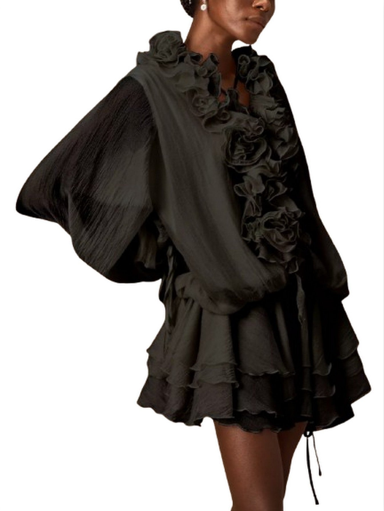 Floral Appliques Ruffled Black Blouson Mini Dress - Dresses
