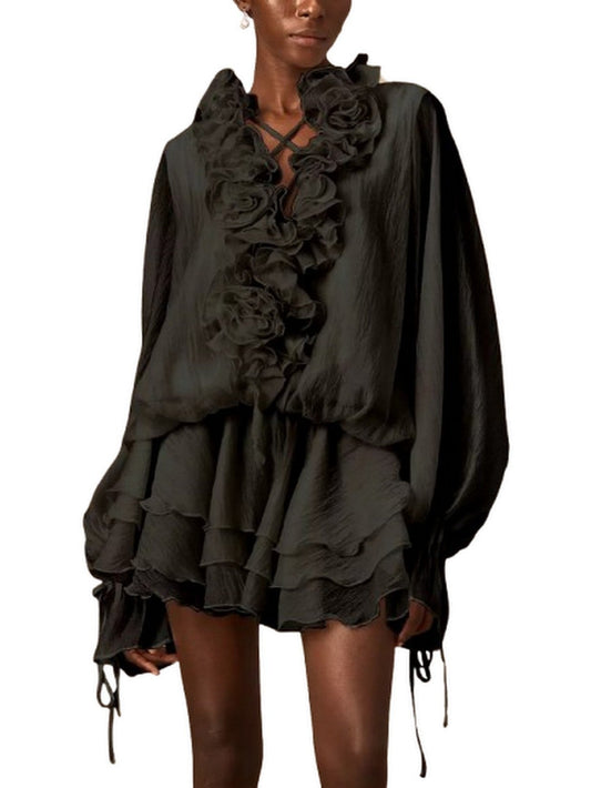 Floral Appliques Ruffled Black Blouson Mini Dress - Dresses