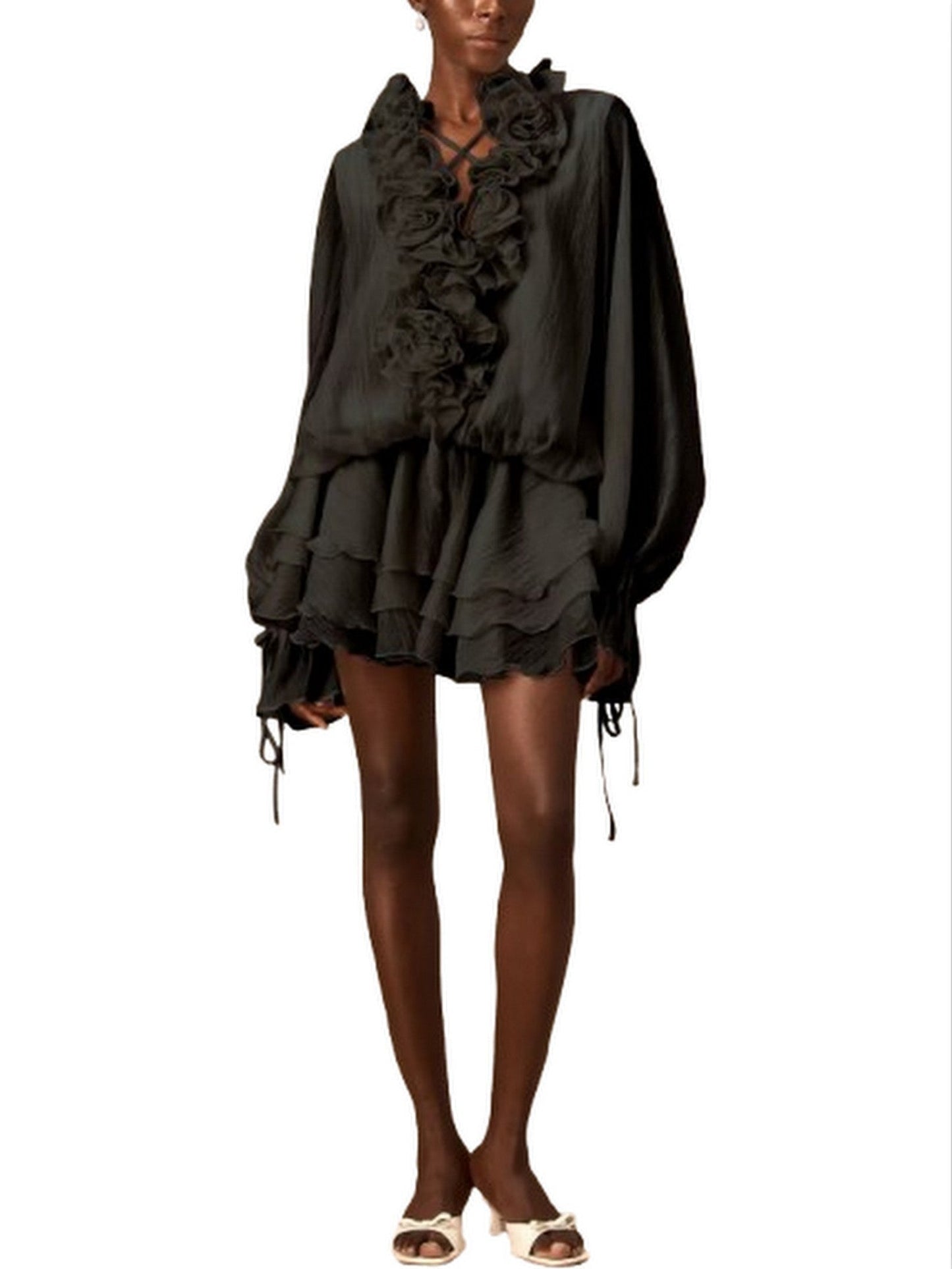 Floral Appliques Ruffled Black Blouson Mini Dress - Dresses