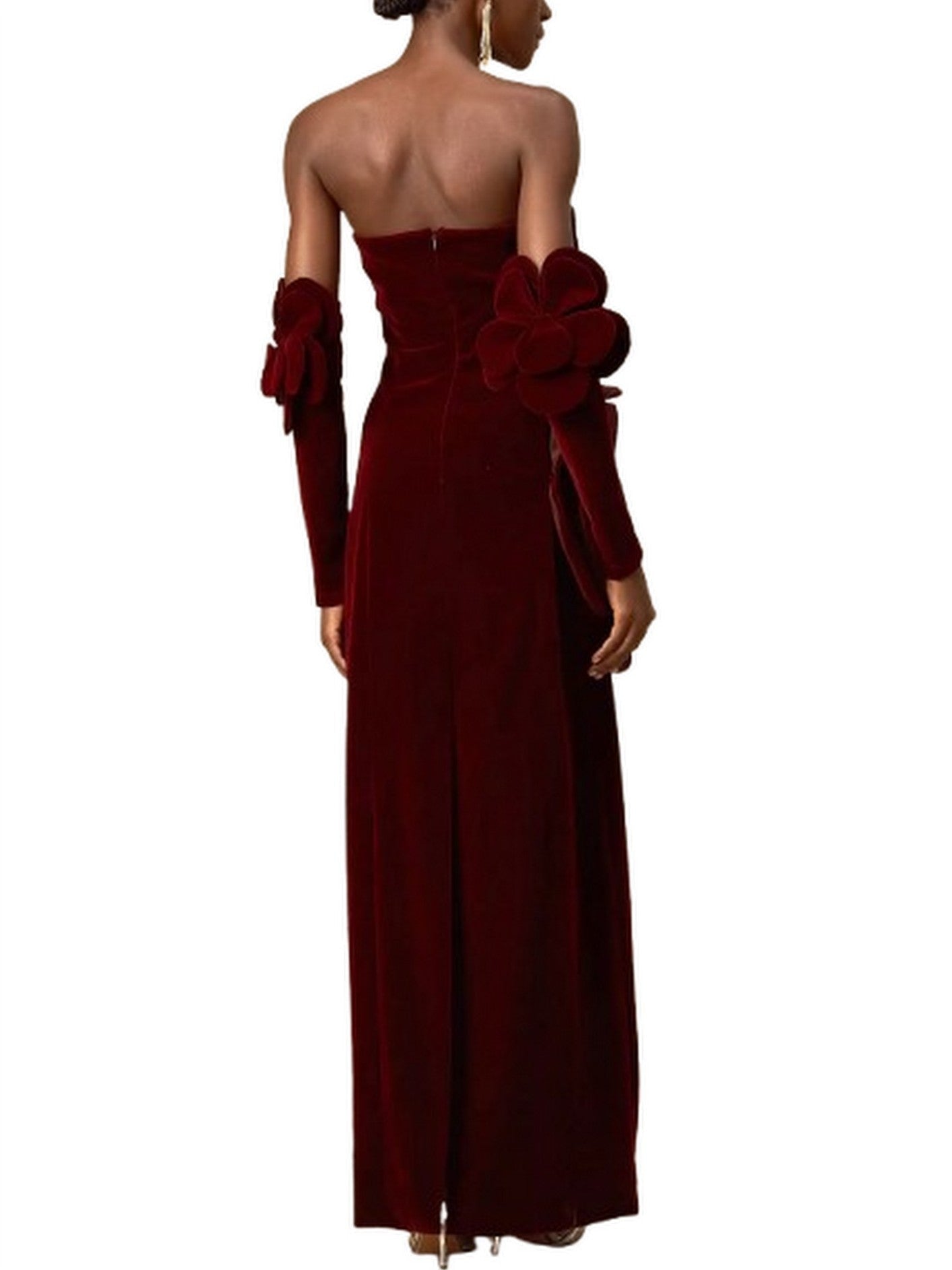 Floral Appliques Strapless Red Velvet Dress - Dresses