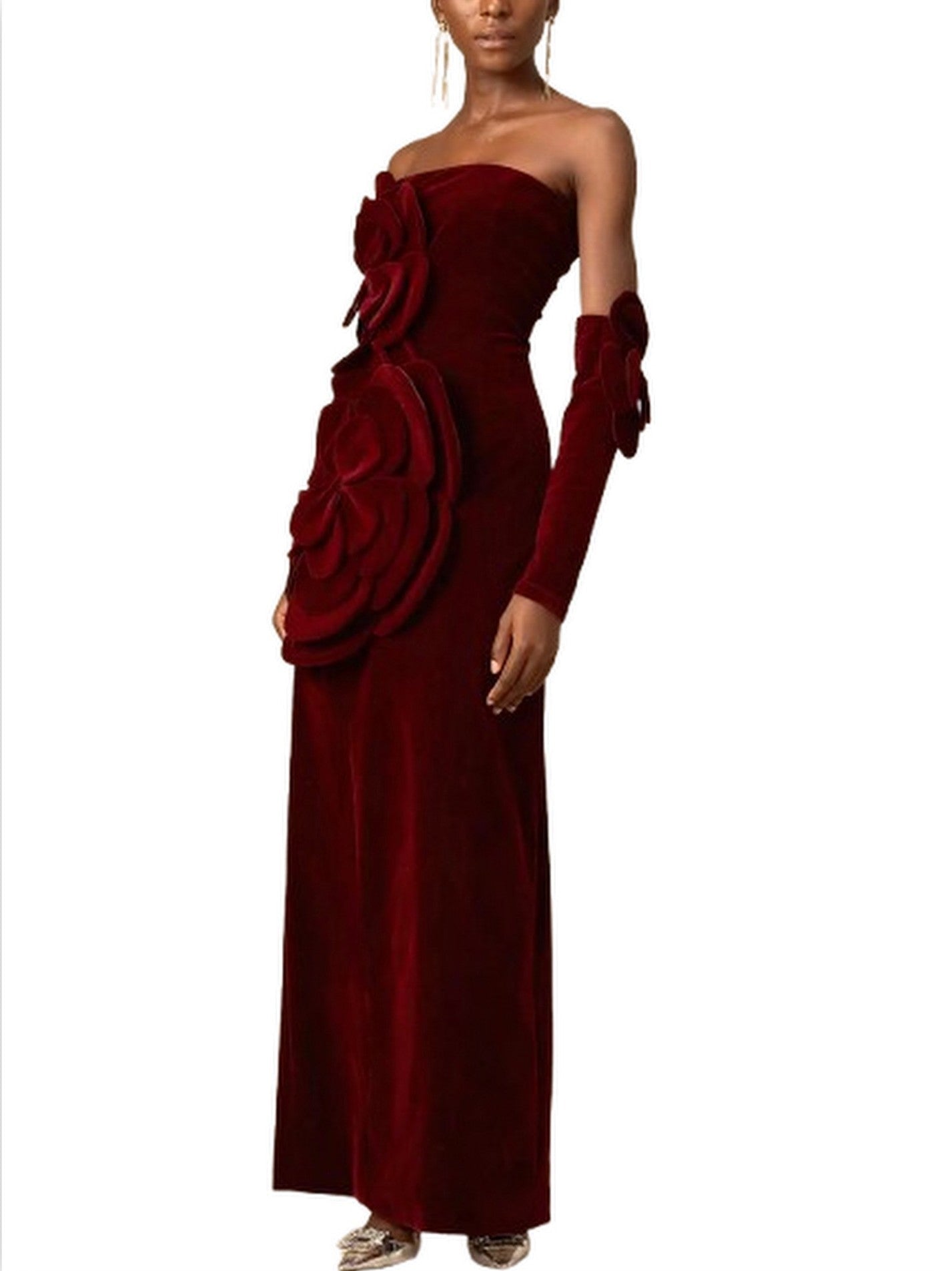 Floral Appliques Strapless Red Velvet Dress - Dresses