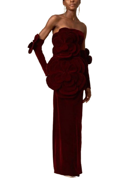 Floral Appliques Strapless Red Velvet Dress - Dresses