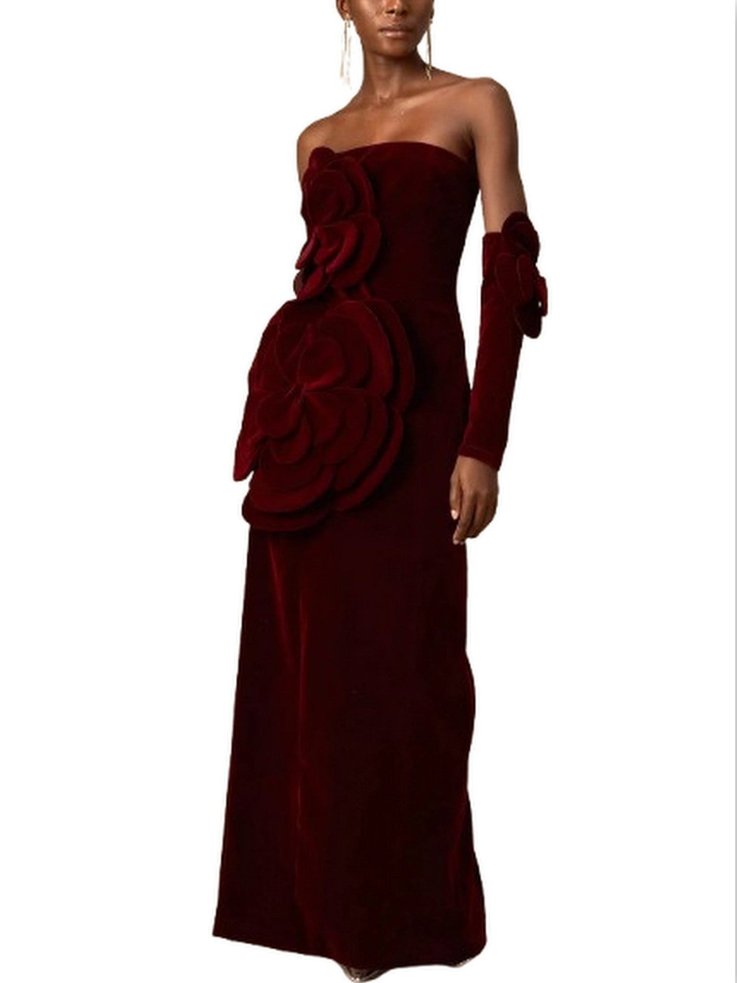 Floral Appliques Strapless Red Velvet Dress - Dresses