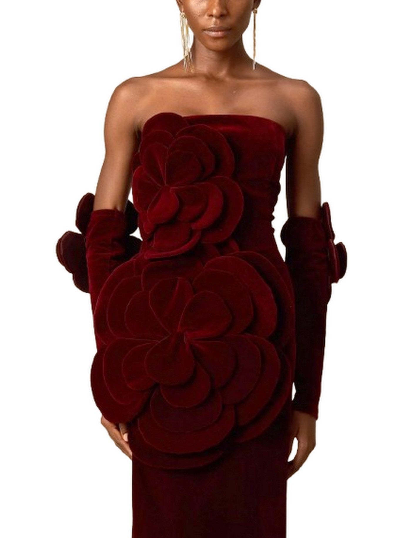 Floral Appliques Strapless Red Velvet Dress - Dresses