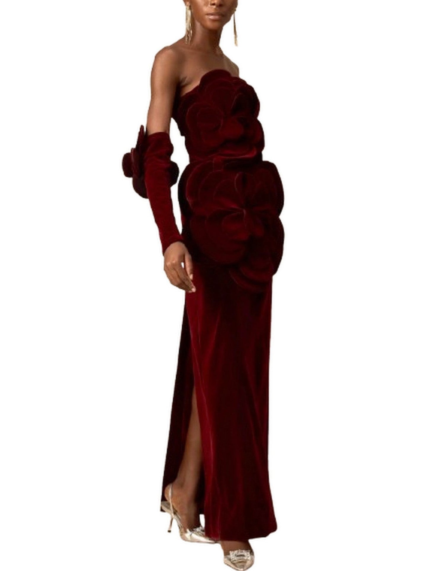 Floral Appliques Strapless Red Velvet Dress - Dresses
