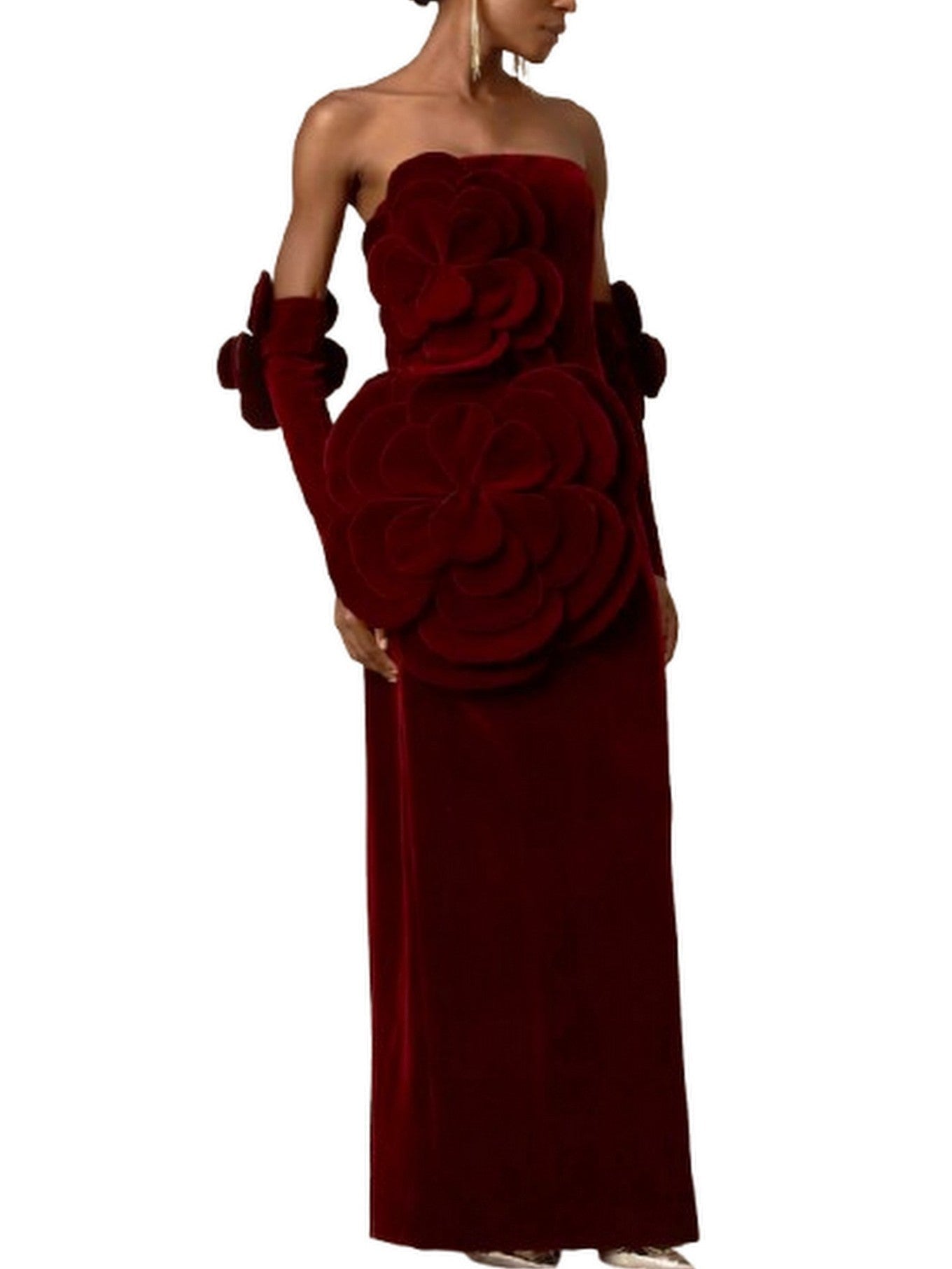 Floral Appliques Strapless Red Velvet Dress - Dresses
