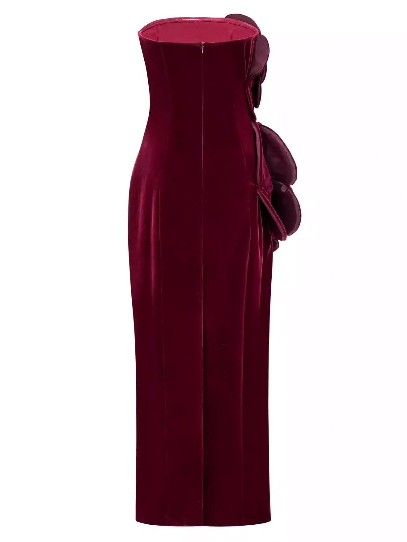 Floral Appliques Strapless Red Velvet Dress - Dresses