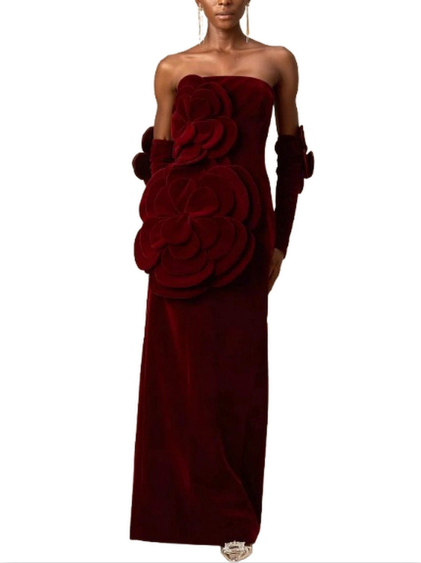 Floral Appliques Strapless Red Velvet Dress - Dresses
