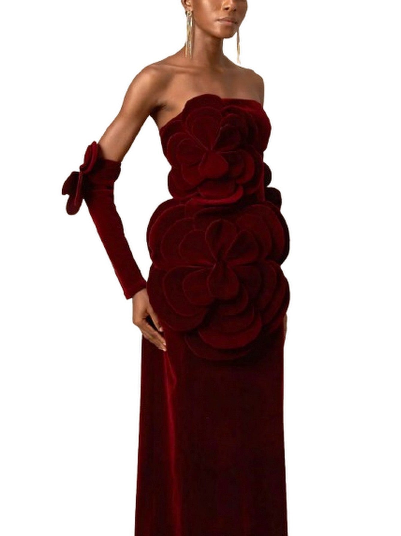Floral Appliques Strapless Red Velvet Dress - Dresses
