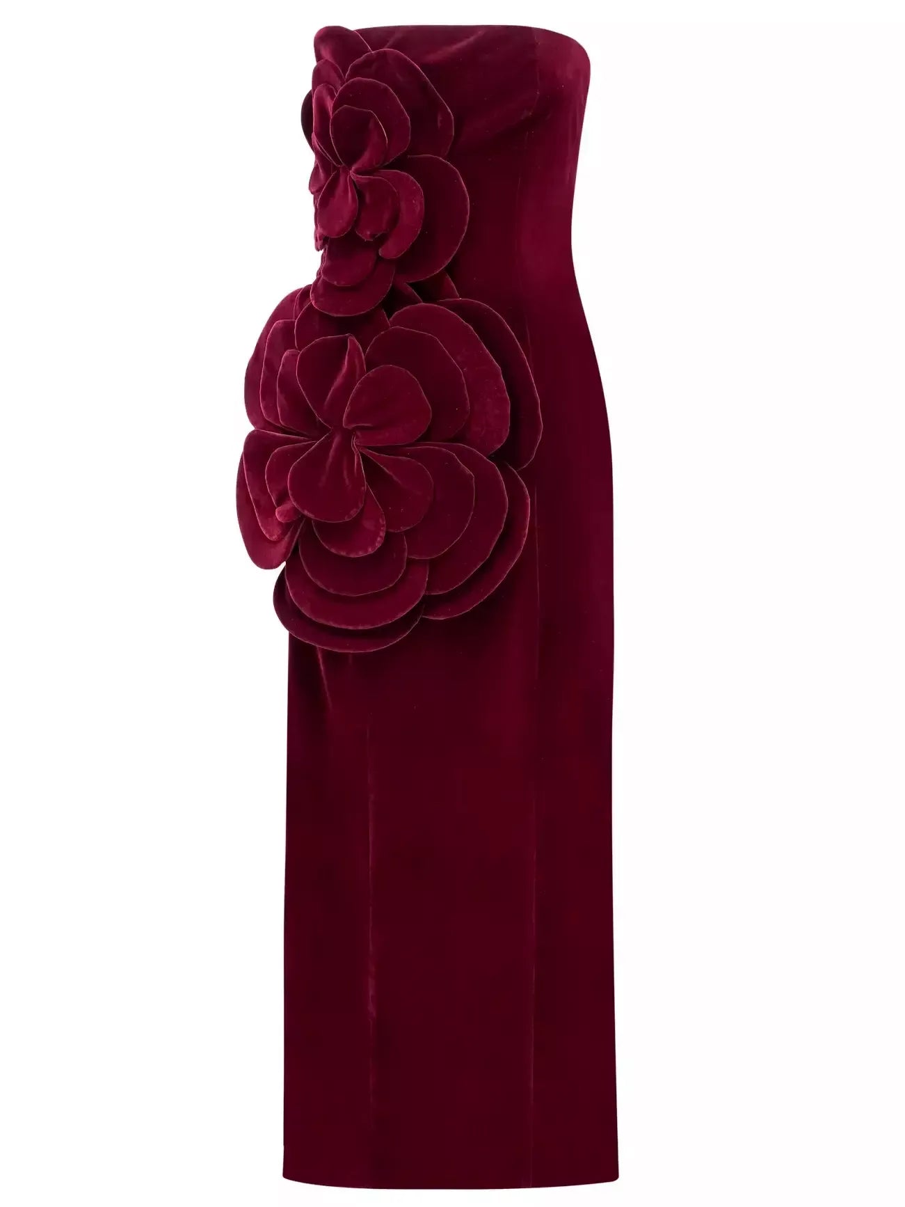 Floral Appliques Strapless Red Velvet Dress - Dresses