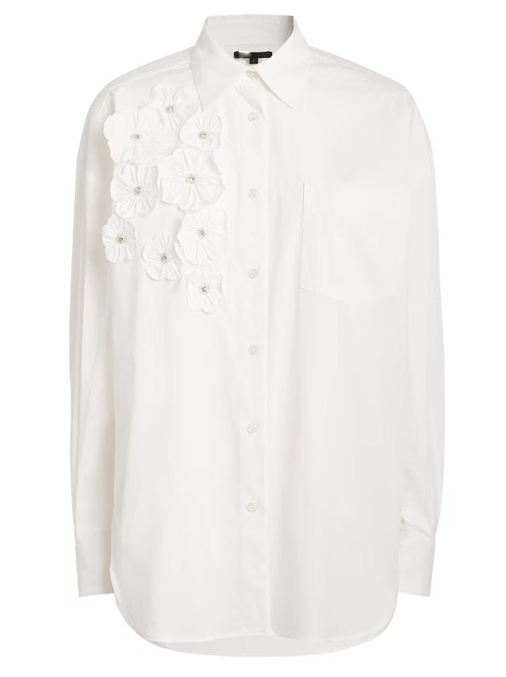 Floral Appliques White Cotton Shirt - Tops