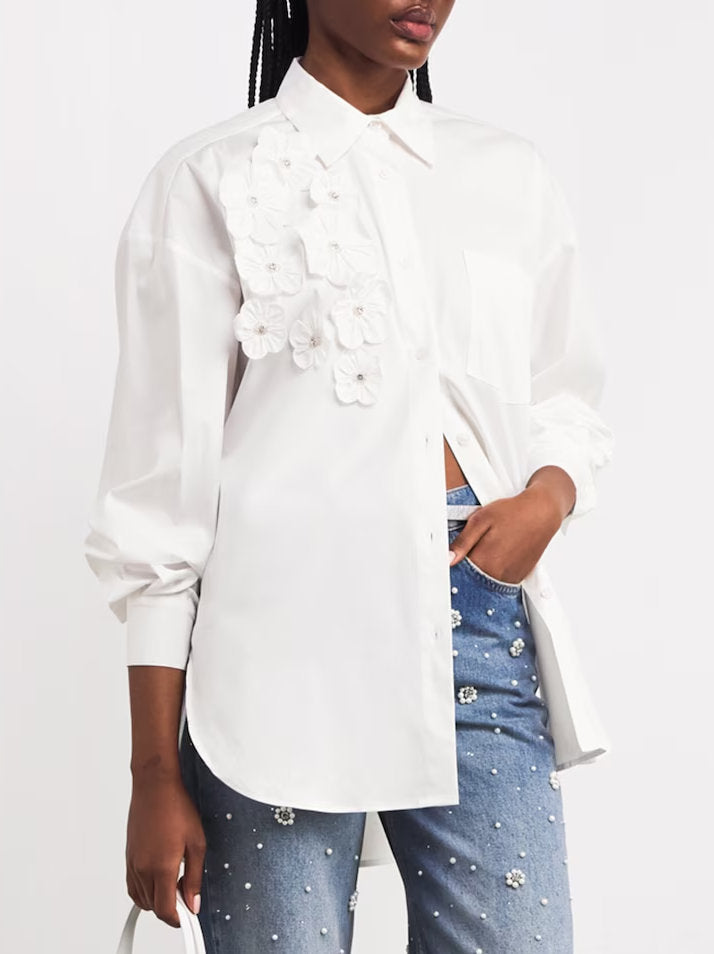 Floral Appliques White Cotton Shirt - Tops