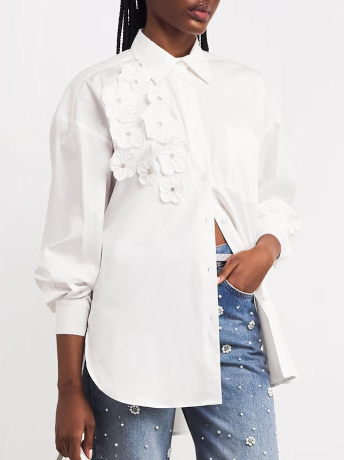 Floral Appliques White Cotton Shirt - Tops
