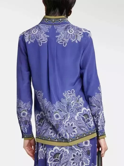 Floral Bouquet Print Silk Shirt - Tops