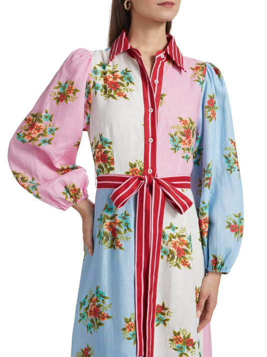 Floral Bouquet Printed Linen Long Shirt Dress - Dresses
