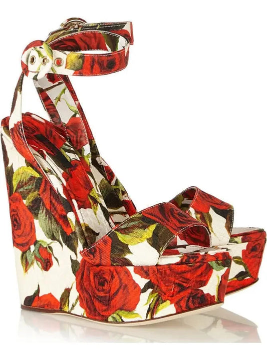 Floral Brocade Fabric Wedge Sandals - Footwear