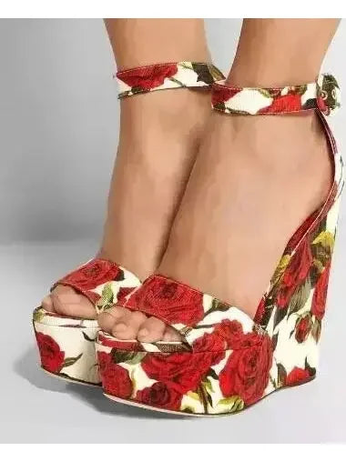 Floral Brocade Fabric Wedge Sandals - Footwear