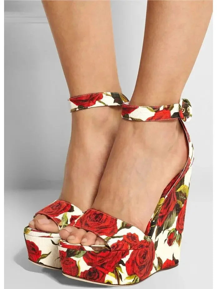 Floral Brocade Fabric Wedge Sandals - Footwear