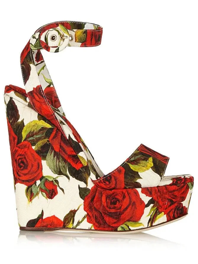 Floral Brocade Fabric Wedge Sandals - Footwear