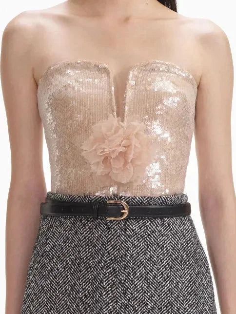 Floral-Corsage Strapless Sequin Top - Tops