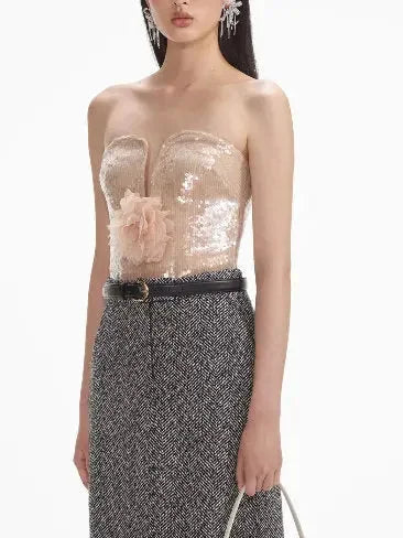Floral-Corsage Strapless Sequin Top - Tops