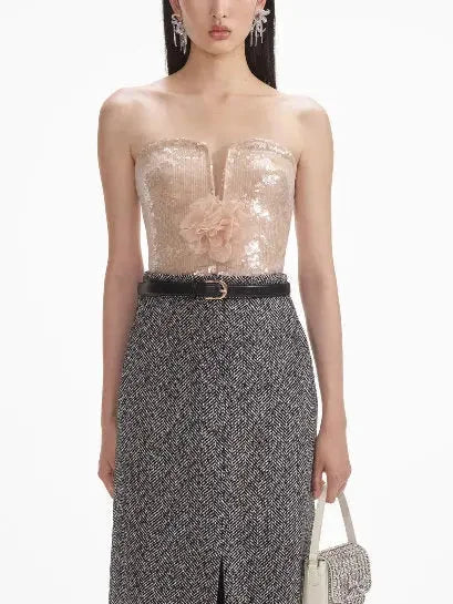 Floral-Corsage Strapless Sequin Top - Tops