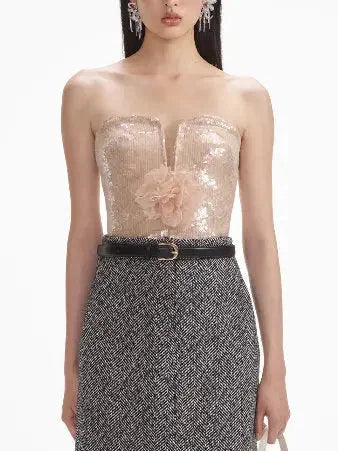 Floral-Corsage Strapless Sequin Top - Tops