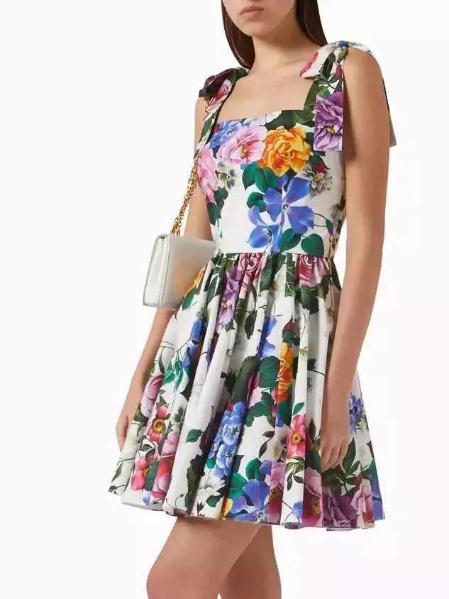 Floral Cotton Fit and Flare Mini Dress - Dresses