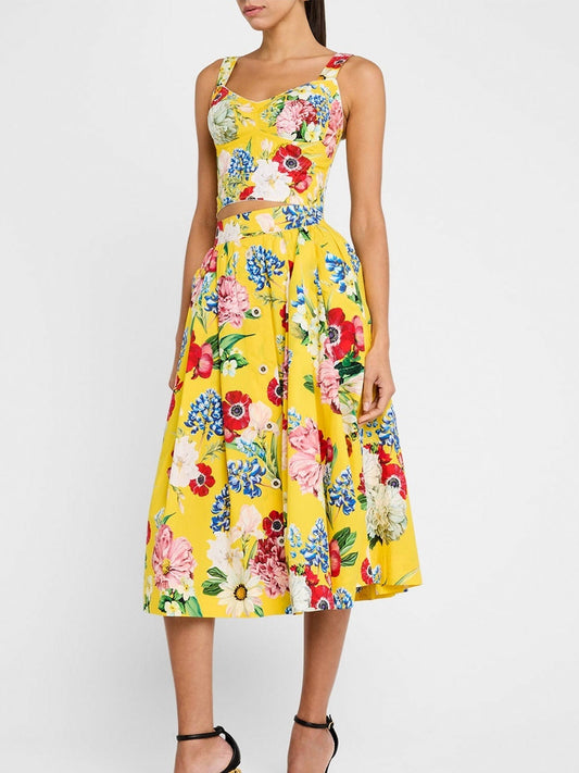 Floral Cropped Bustier Top and Pleated Midi Skirt Set - Suits & Sets
