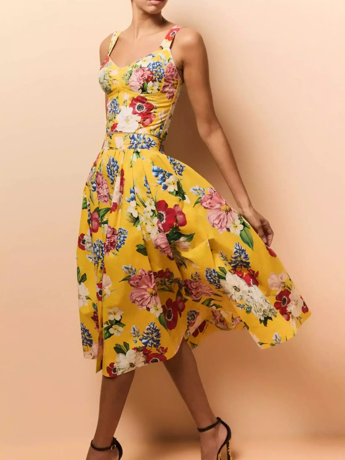 Floral Cropped Bustier Top and Pleated Midi Skirt Set - Suits & Sets