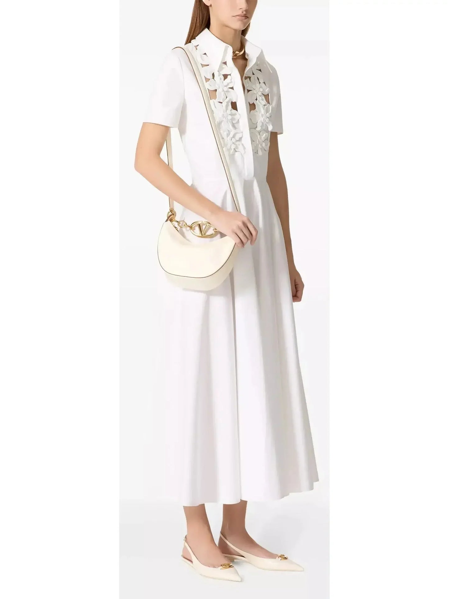 Floral Cut-Out Midi Dress in White - Dresses