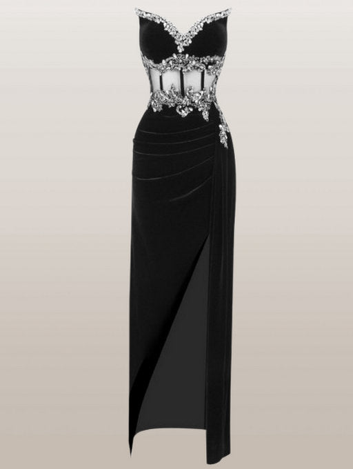 Floral Embroidered Black Velvet Corset Strapless Gown