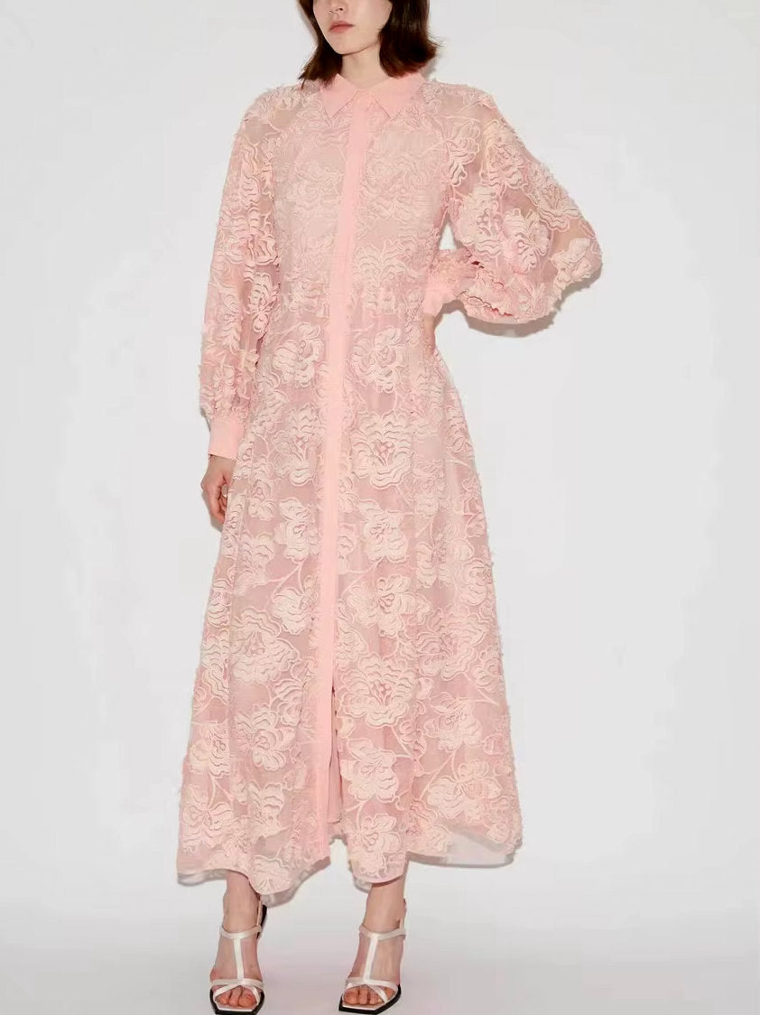 Pink floral lace maxi Tulle Dress from Branna Couture, perfect for luxury women’s apparel