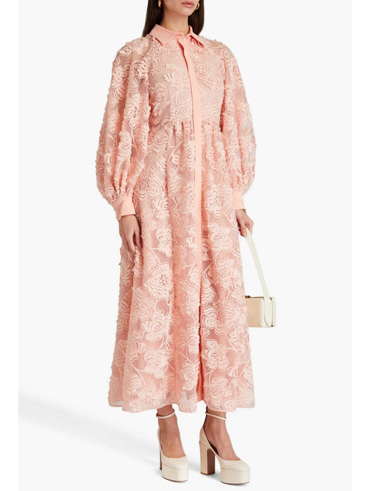 Pink floral embroidered midi tulle dress from Branna Couture, perfect luxury women’s apparel