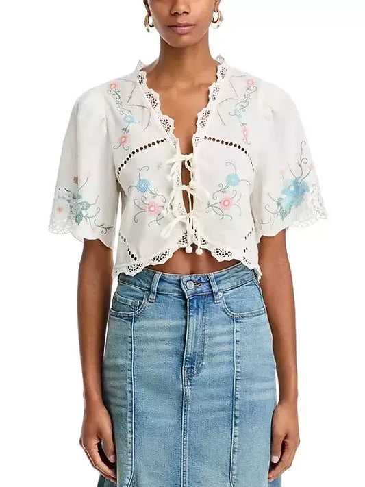 Floral Embroidered Cropped Blouse - Tops