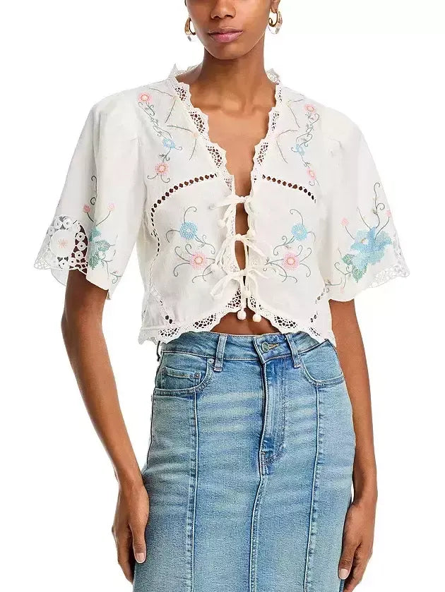 Floral Embroidered Cropped Blouse - Tops