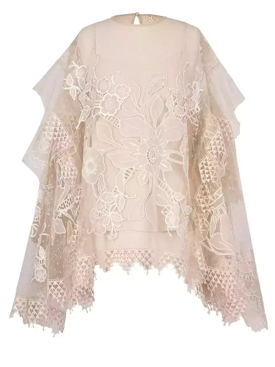 Floral Embroidered Flared-Sleeve Blouse - Tops