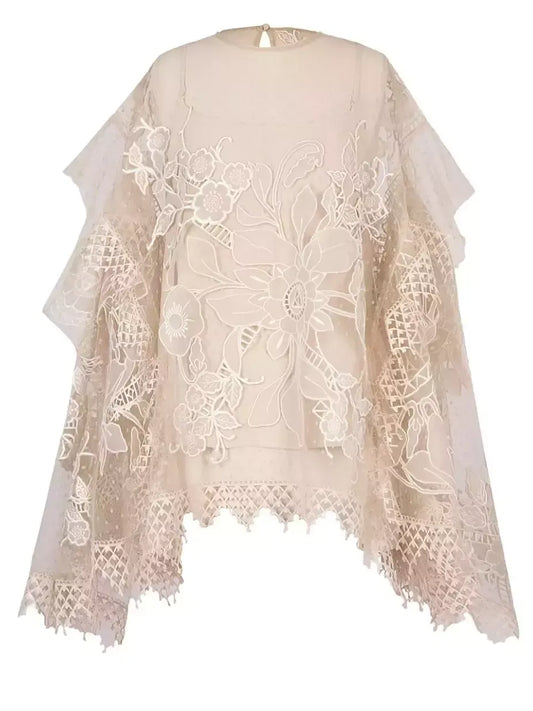 Floral Embroidered Flared-Sleeve Blouse - Tops
