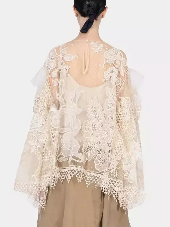 Floral Embroidered Flared-Sleeve Blouse - Tops
