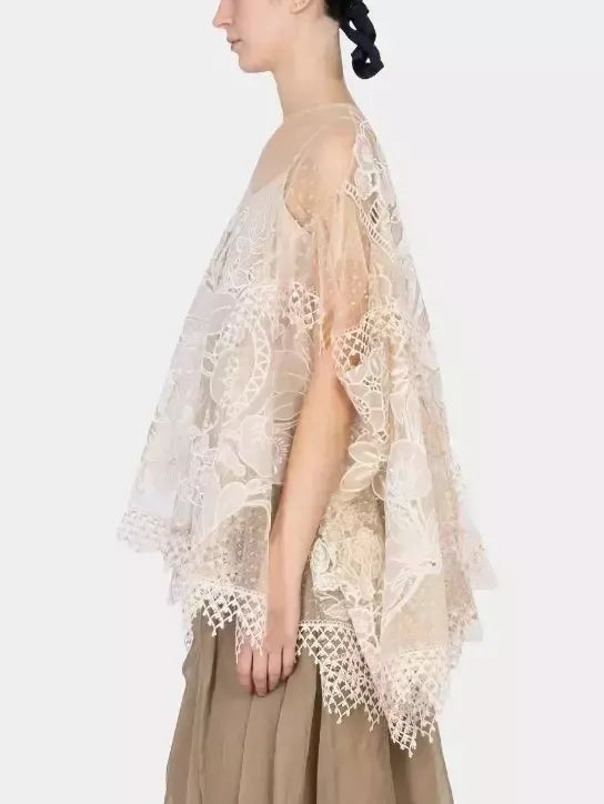 Floral Embroidered Flared-Sleeve Blouse - Tops