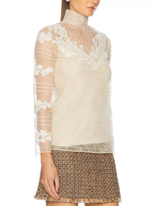 Floral-Embroidered High-Neck Silk Blouse - Tops