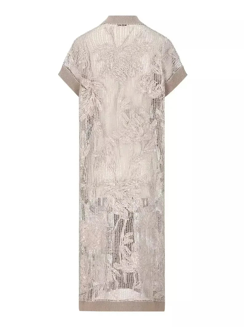 Floral-Embroidered Knit Net Sleeveless Long Cardigan - Sweaters & Knitwear