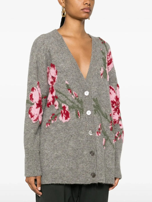 Floral-Embroidered Knit Wool-Blend Long Cardigan in Grey - Sweaters & Knitwear