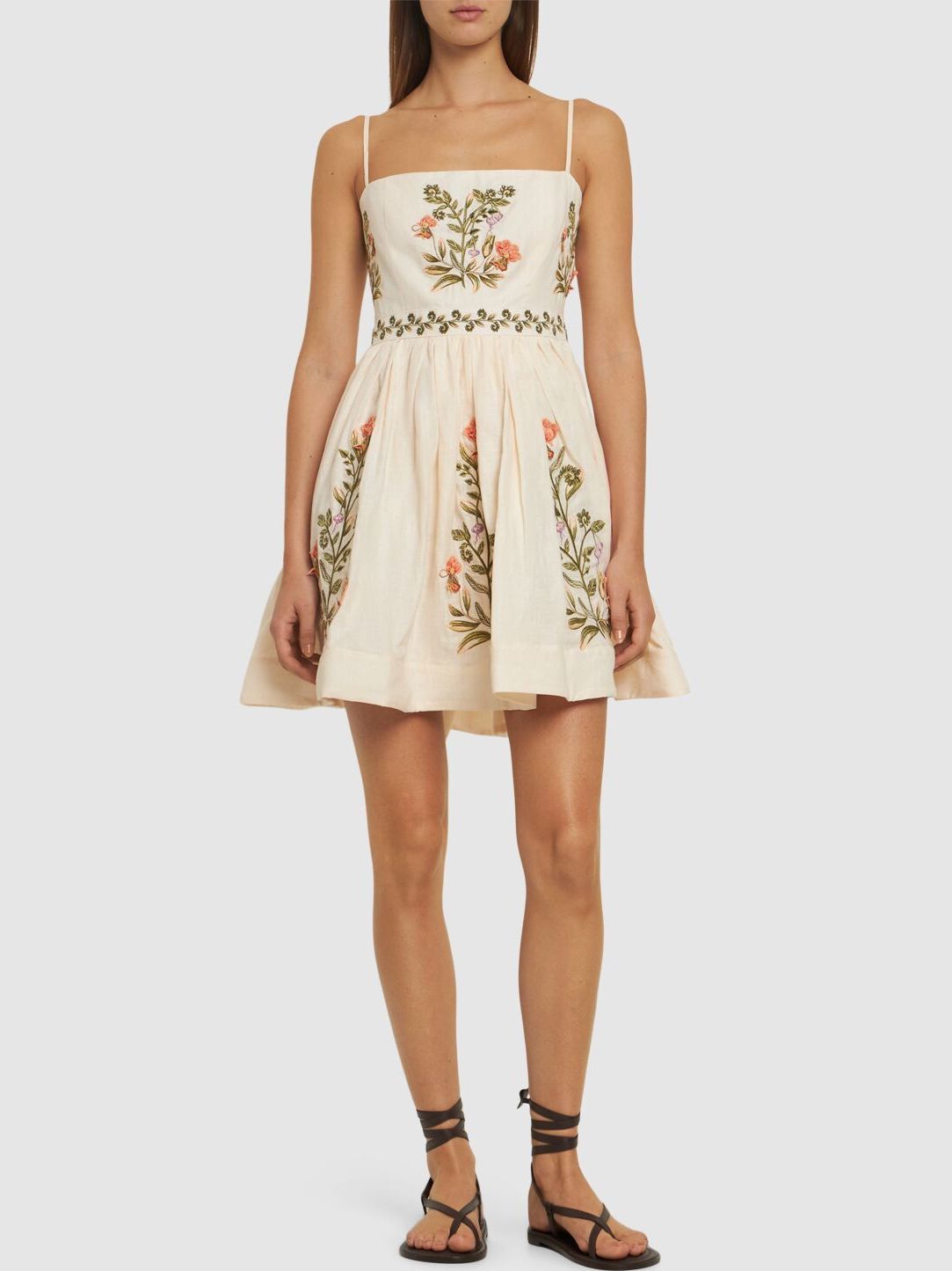 Floral Embroidered Linen Mini Dress featuring vibrant floral embroidery on linen fabric