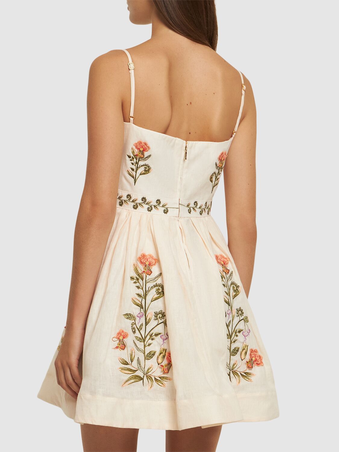 Floral Embroidered Linen Mini Dress featuring vibrant floral embroidery on soft linen